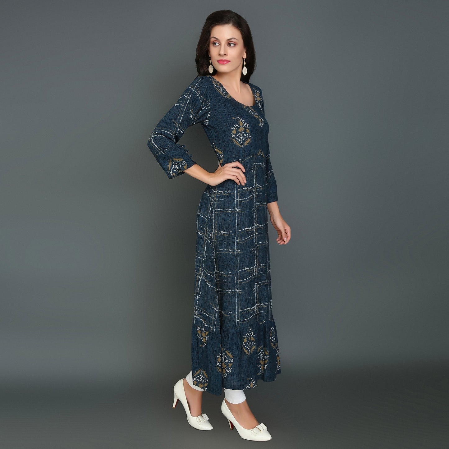 Vedana Rayon A-line Kurti with Ruffled Hem (Blue)