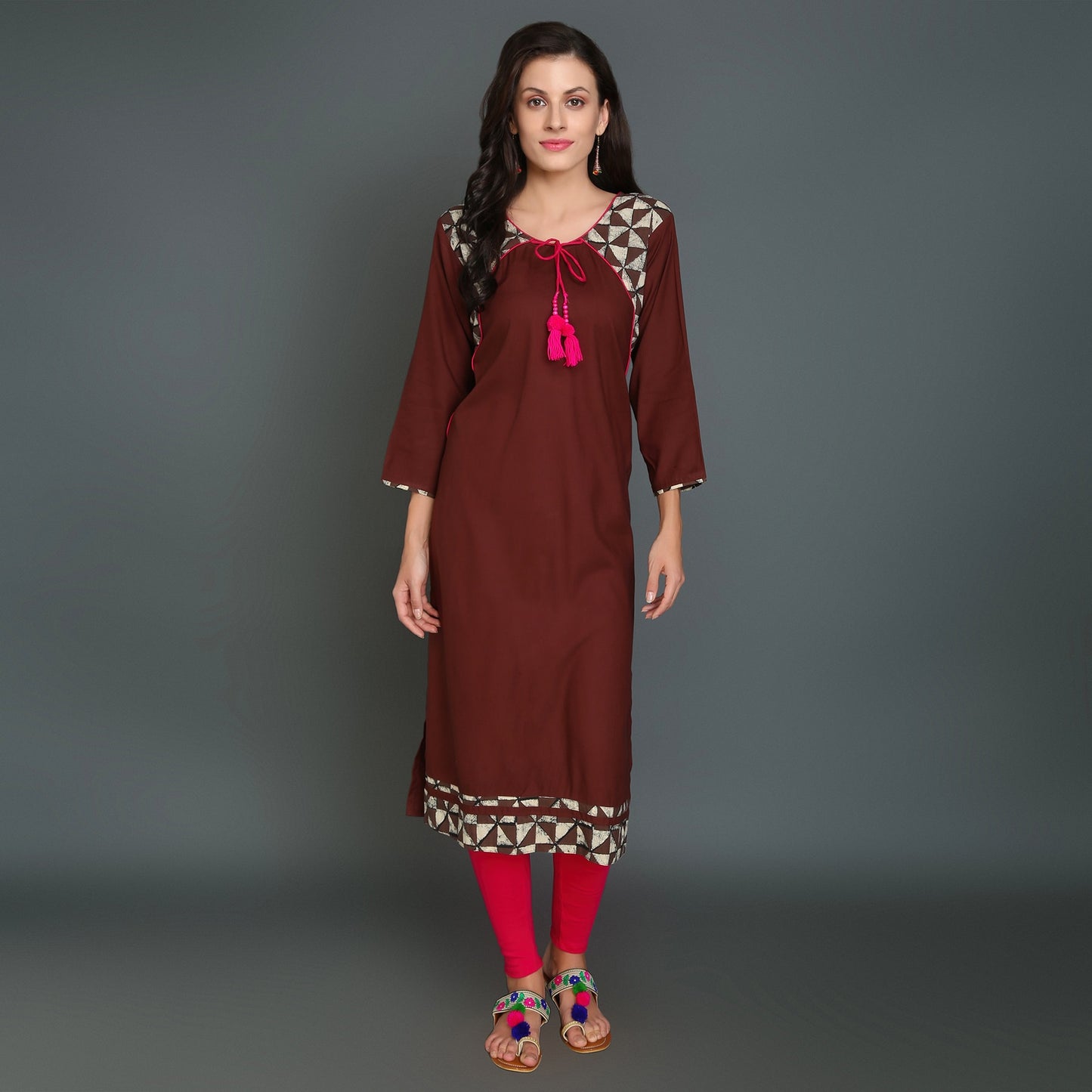 Vedana Casual Shoulder Print Brown Kurti