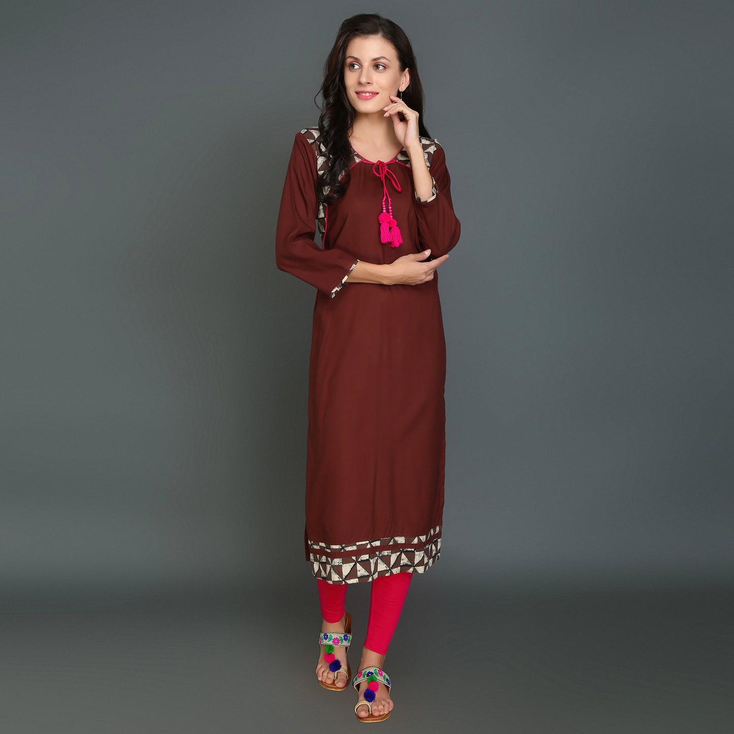 Vedana Casual Shoulder Print Brown Kurti