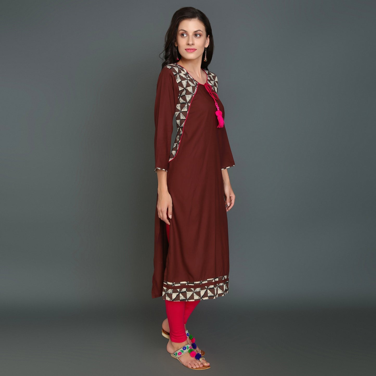 Vedana Casual Shoulder Print Brown Kurti