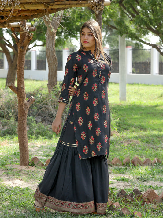 Rayon Floral Gold Print Kurta with Sharara Set - Black