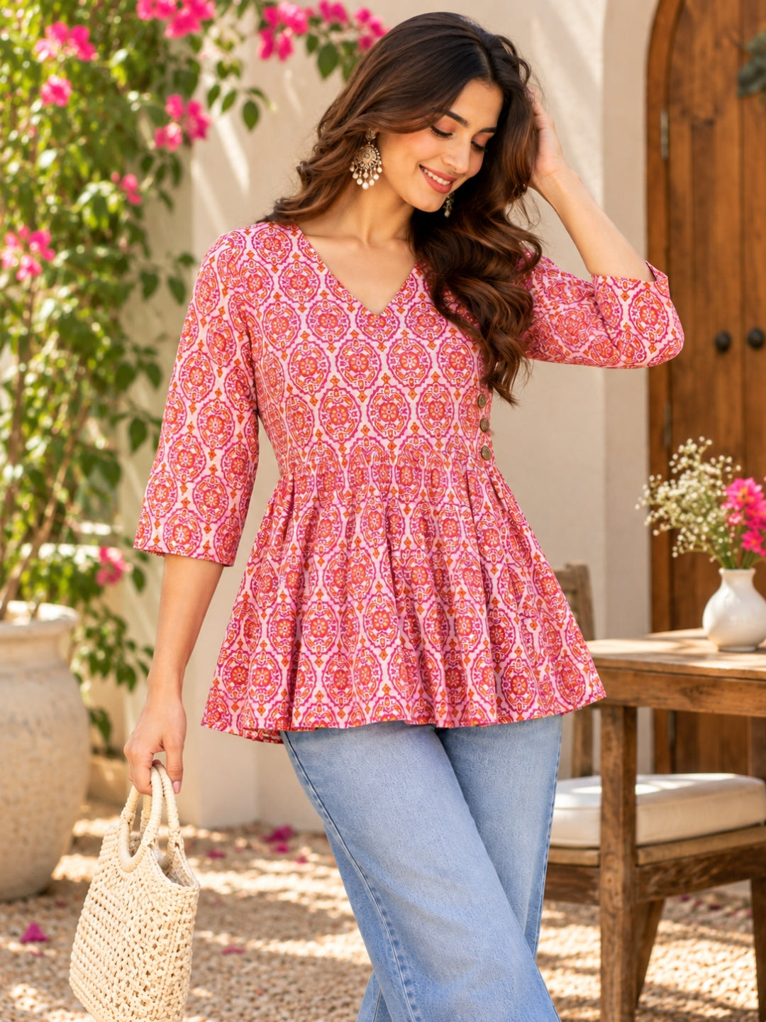 Rosé Bloom Pure Cotton Printed Peplum Top