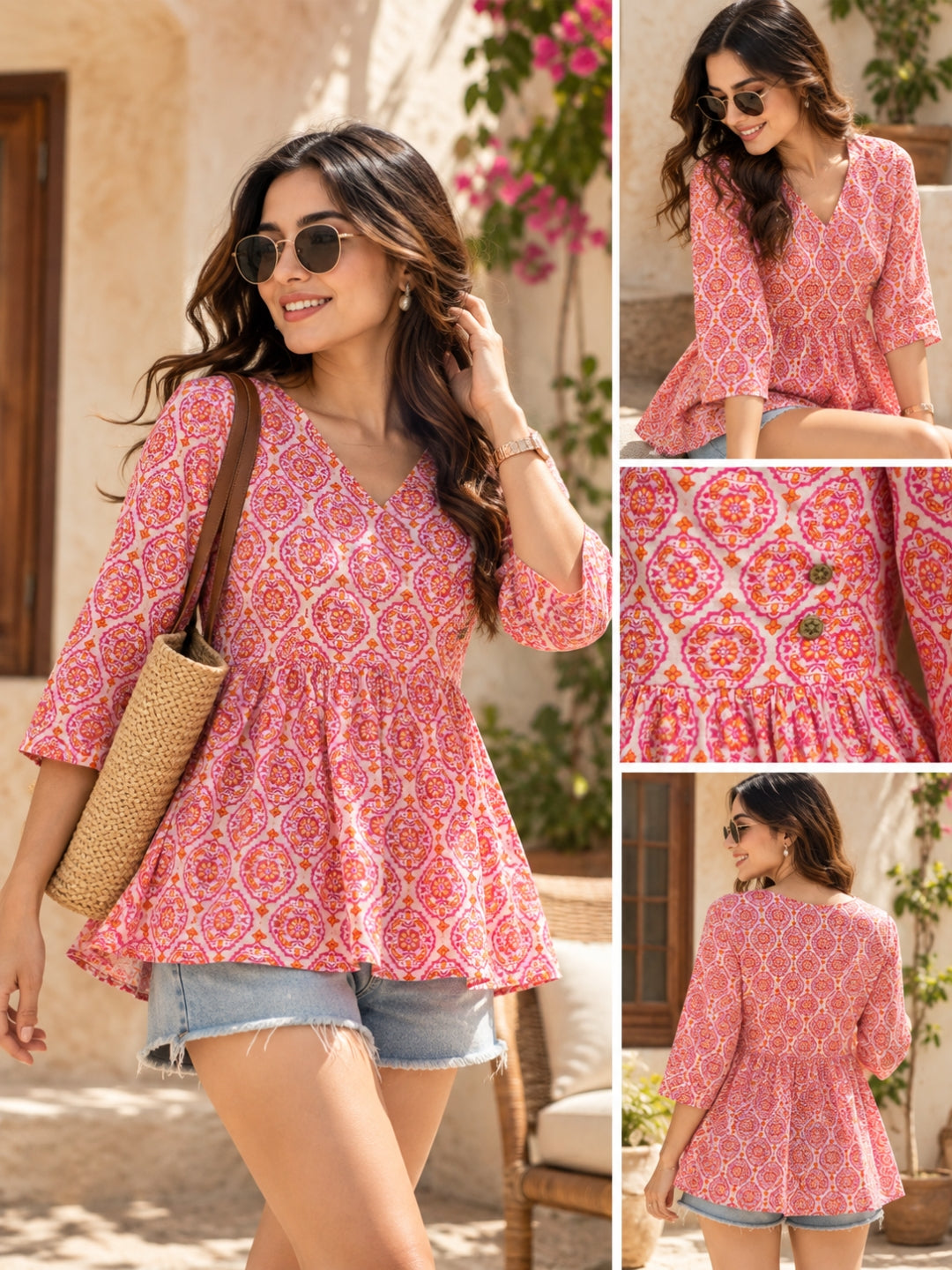 Rosé Bloom Pure Cotton Printed Peplum Top