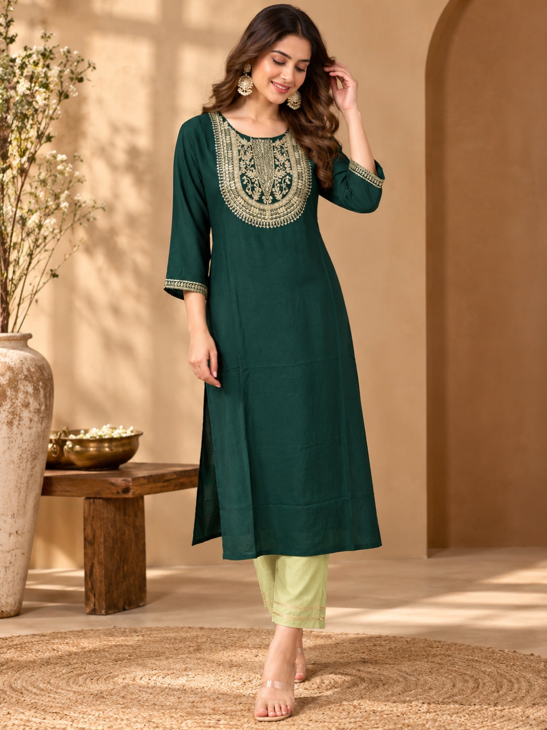 Emerald & Sage Luxe — Viscose Rayon Kurta Trousers Set