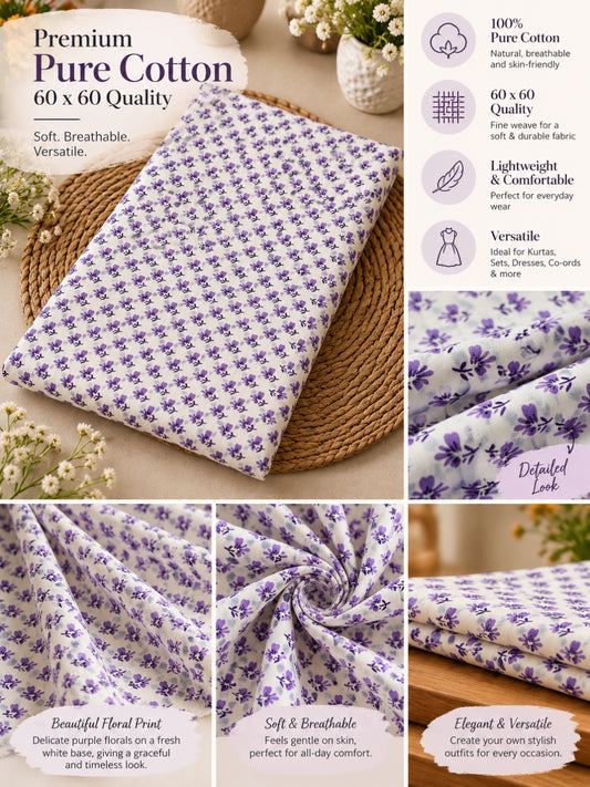 Premium Pure Cotton 60×60 – Lavender Floral Print Fabric | 42" Width