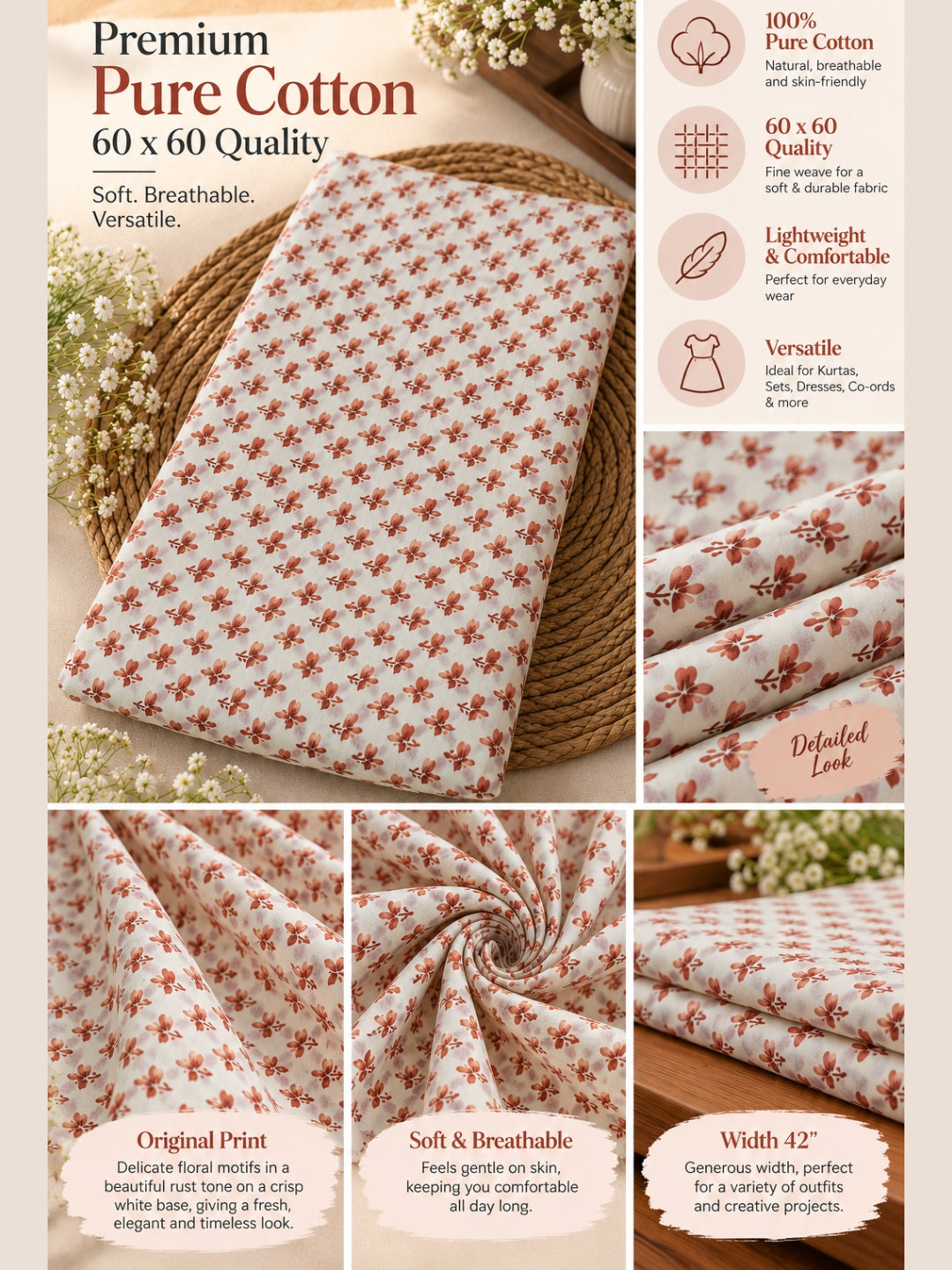 Premium Pure Cotton 60×60 – Rust Floral Print Fabric | 42" Width