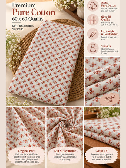 Premium Pure Cotton 60×60 – Rust Floral Print Fabric | 42" Width