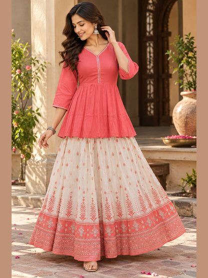 Coral Glow ✨ Mirror-Work Peplum Top & Printed Anarkali Skirt Set