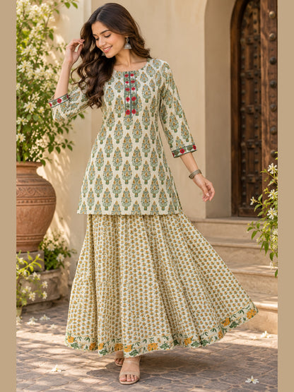 Desi Bloom 🌿 Pure Cotton Printed Top & Skirt Set with Gota Details