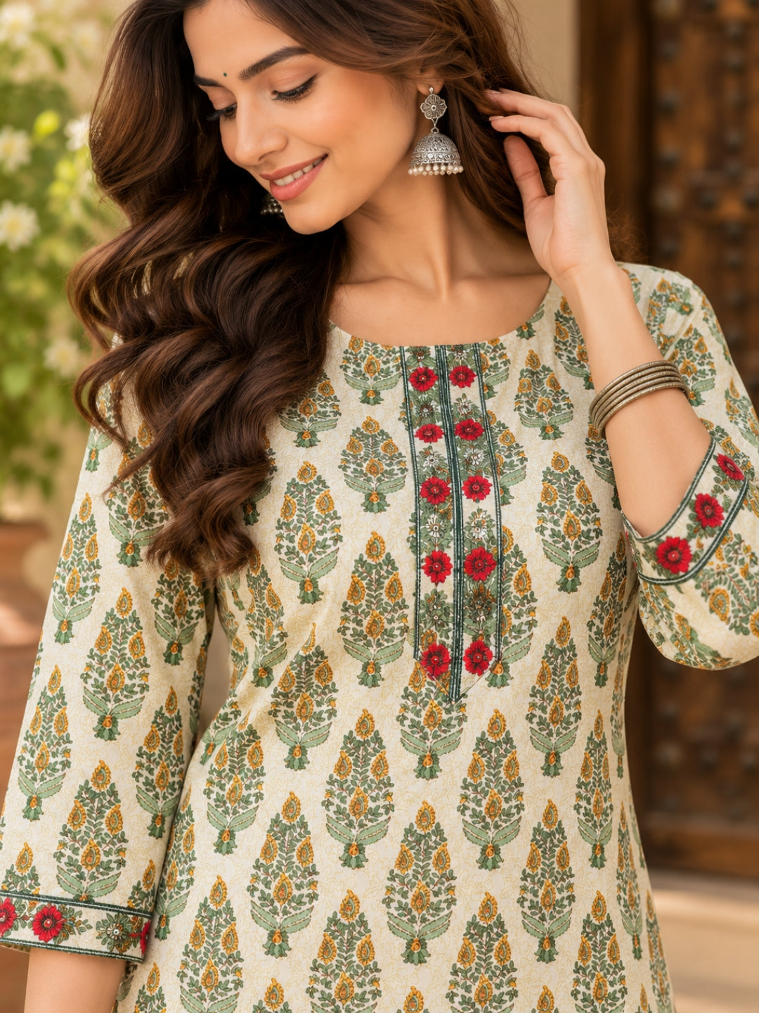 Desi Bloom 🌿 Pure Cotton Printed Top & Skirt Set with Gota Details