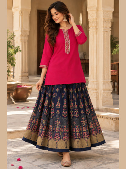 The Desi It-Girl Set - Threadwork Kurta & Gold Print Skirt