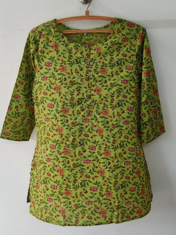 Pure Cotton Printed Short Kurta - Olive