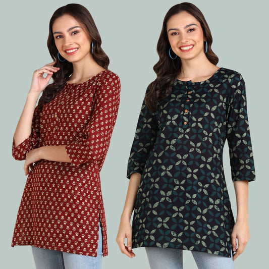 Combo of 2 Women Cotton Printed Tops Maroon and Dark blue
