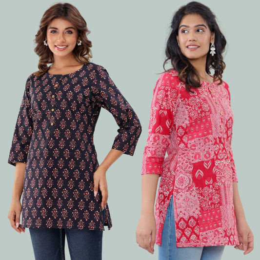 Combo of 2 Women Cotton Printed Tops Black Booti and Pink Patch