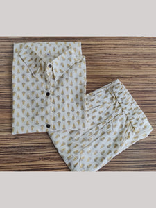 Cotton printed Shirt Style Top and Pant Co-Ord Set -Cream