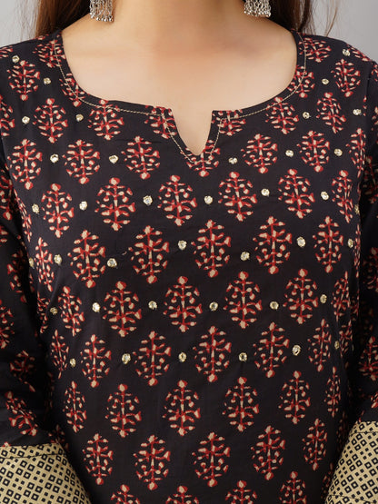 Pure Cotton Classic Ethnic Bandhani Print Embroidered Kurta Pant Set - Black