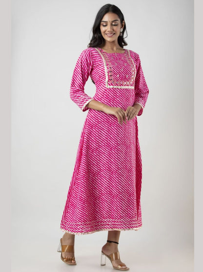 Cotton Lehariya Print A-line Kurta with Hand Embroidery - Pink