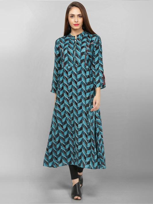 Zig-Zag Zoom: The Teal Geometric Zip Kurta