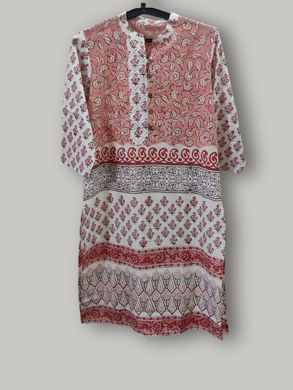 Pure Cotton Hand Block Print Straight cut Kurta - Peach