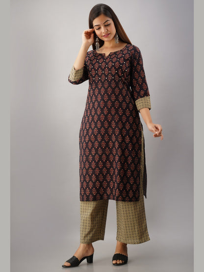 Pure Cotton Classic Ethnic Bandhani Print Embroidered Kurta Pant Set - Black