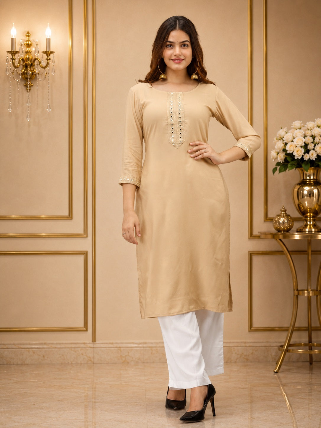 The Mirror Muse Viscose Rayon Kurta -Beige