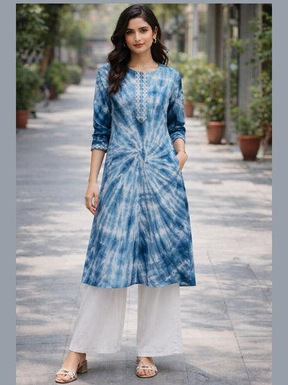 Indigo Vibe – Tie-Dye Rayon Kurta with Embroidery