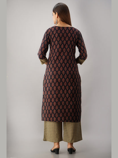 Pure Cotton Classic Ethnic Bandhani Print Embroidered Kurta Pant Set - Black