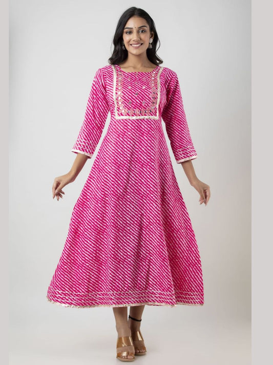 Cotton Lehariya Print A-line Kurta with Hand Embroidery - Pink