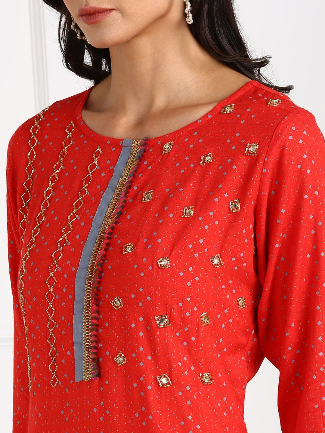 Ethnic Printed Lace detail Kurta - Red