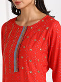 Ethnic Printed Lace detail Kurta - Red