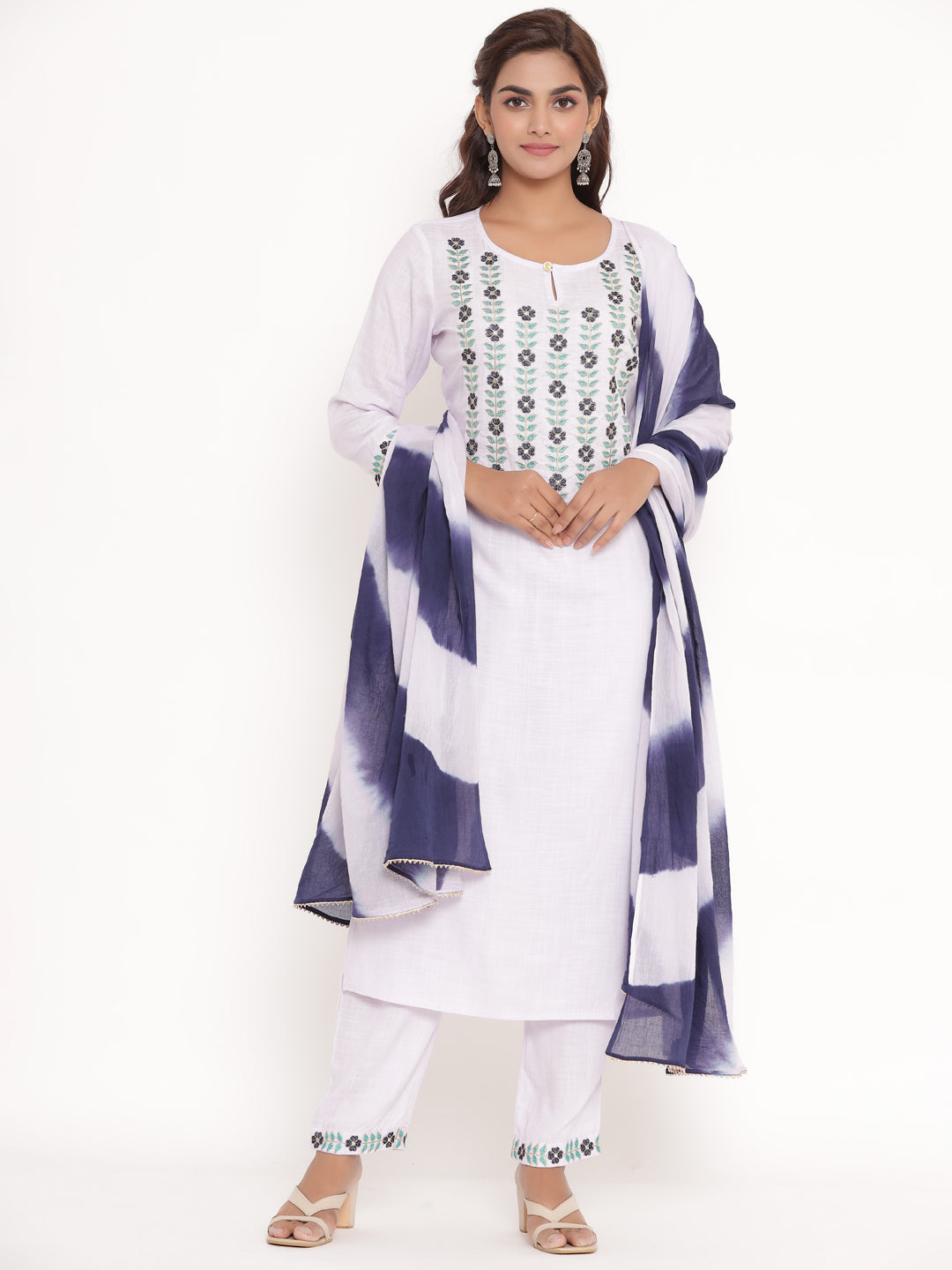 Rayon Slub Thread Embroidered Kurta, Pant, Dupatta Set - Light Blue