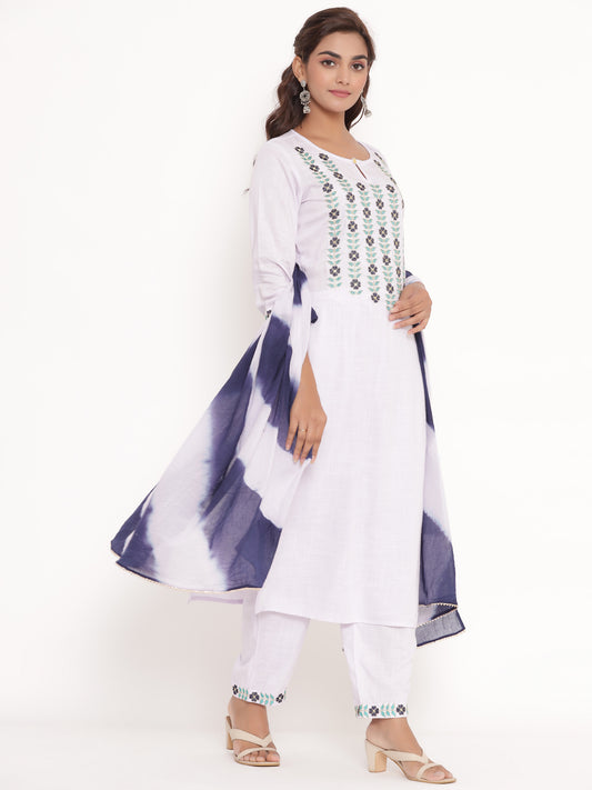 Rayon Slub Thread Embroidered Kurta, Pant, Dupatta Set - Light Blue