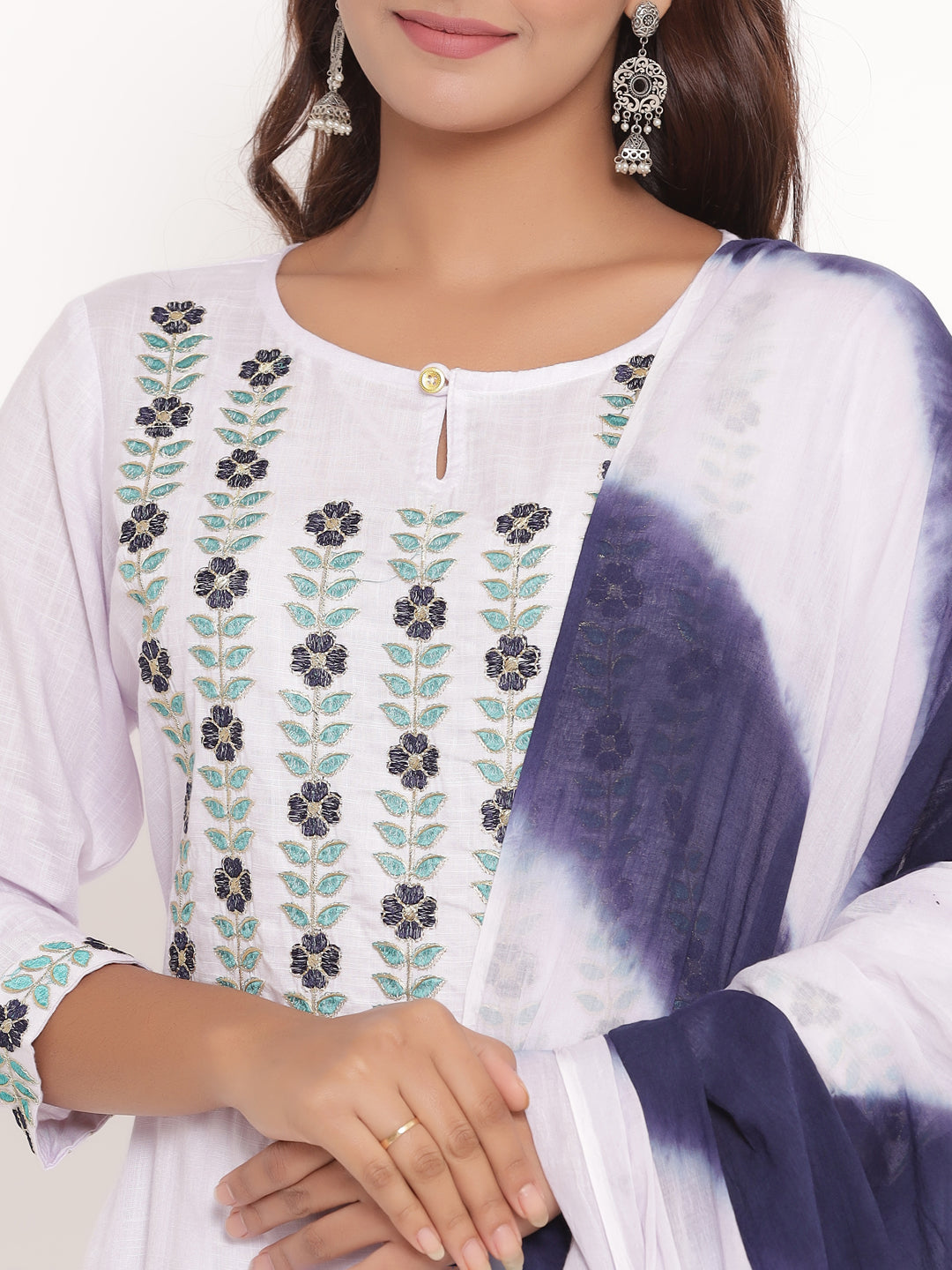 Rayon Slub Thread Embroidered Kurta, Pant, Dupatta Set - Light Blue
