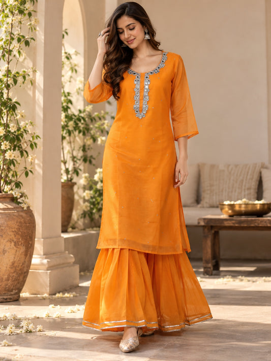 Saffron Glow ✨ | Chanderi Mirror-Work Kurta & Sharara Set