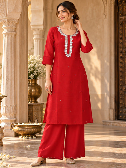 Mirror Magic – Red Chanderi Kurta Set