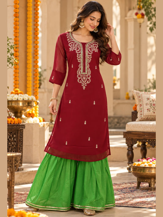 Crimson & Emerald Zari Embroidered Kurta Sharara Set
