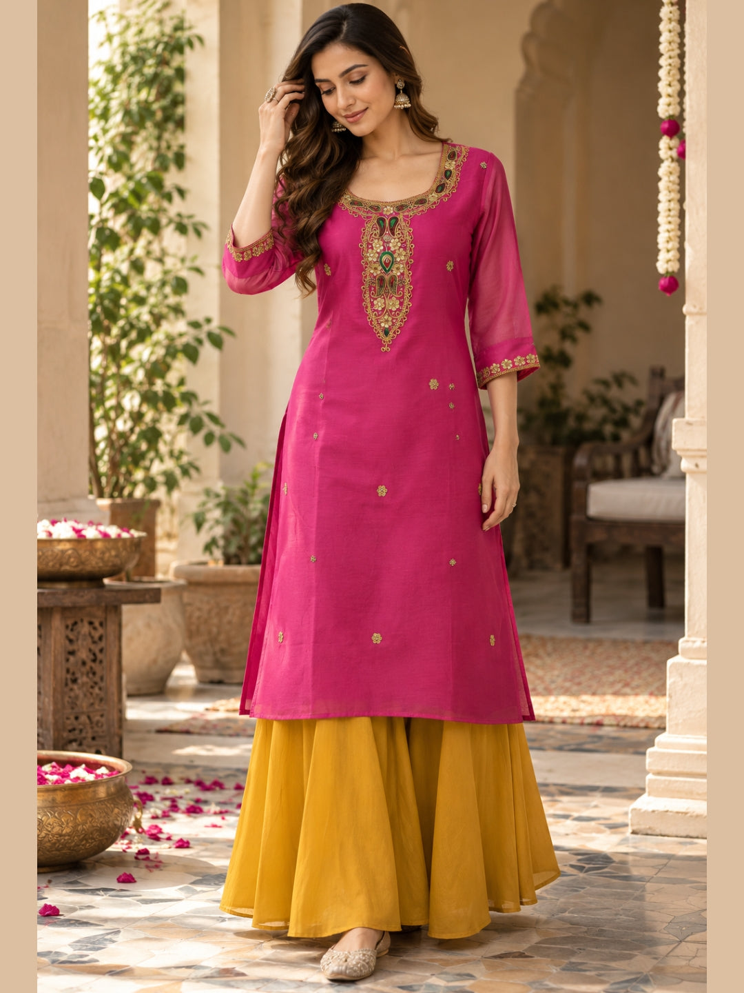 The Gulmohar Edit ✨ | Fuchsia Chanderi Kurta & Mustard Divided Skirt Set