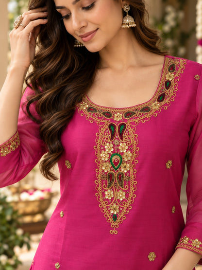 The Gulmohar Edit ✨ | Fuchsia Chanderi Kurta & Mustard Divided Skirt Set