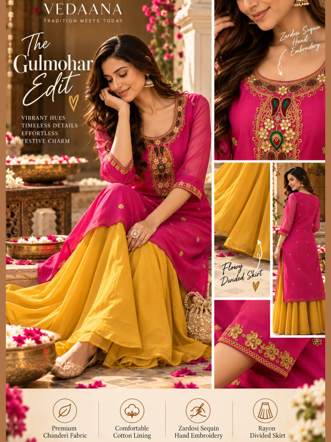 The Gulmohar Edit ✨ | Fuchsia Chanderi Kurta & Mustard Divided Skirt Set