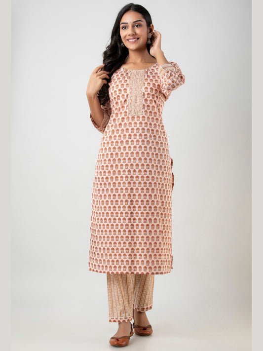 Pure Cotton Printed Kurta Pant Set with HandWork - Ivory