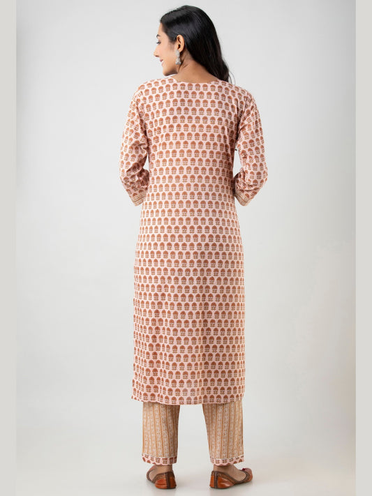 Pure Cotton Printed Kurta Pant Set with HandWork - Ivory