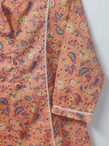Pure Cotton Lace detail Collared Top - Peach
