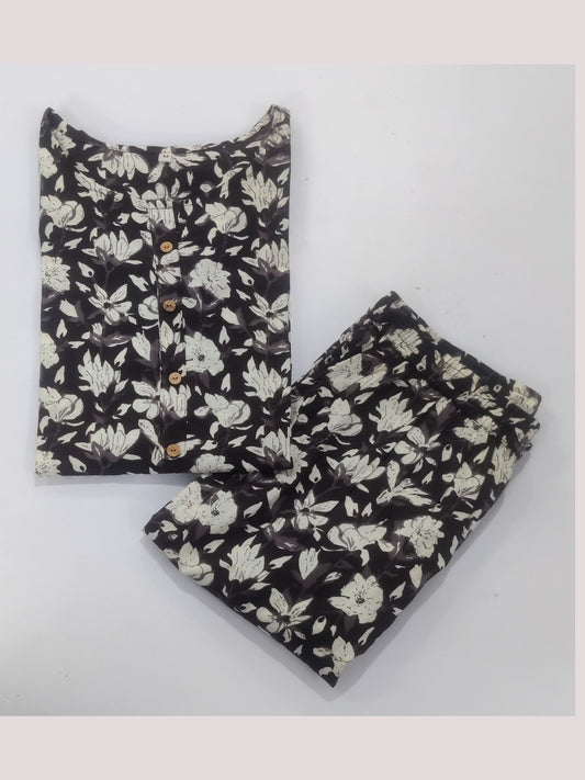 Floral Print Pure Cotton Co-Ord Set - Dark Grey