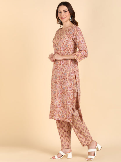 Pure Cotton Floral Print Kurta Pant Set - Orange