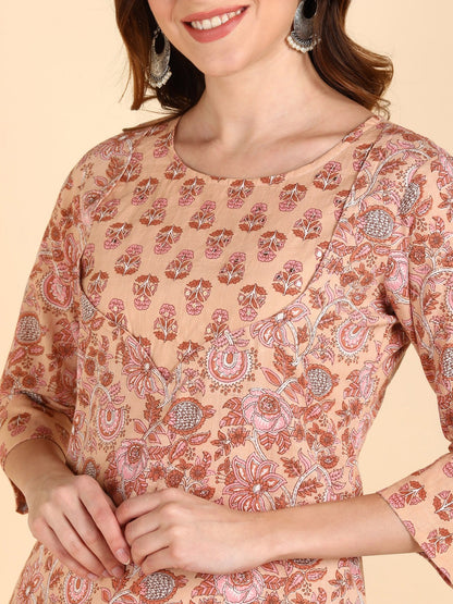 Pure Cotton Floral Print Kurta Pant Set - Orange