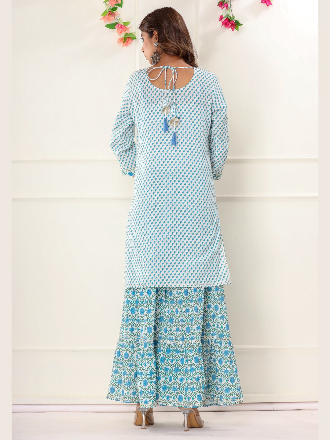Cotton Ethnic Floral Print Embroidered Kurta Sharara Set - Blue