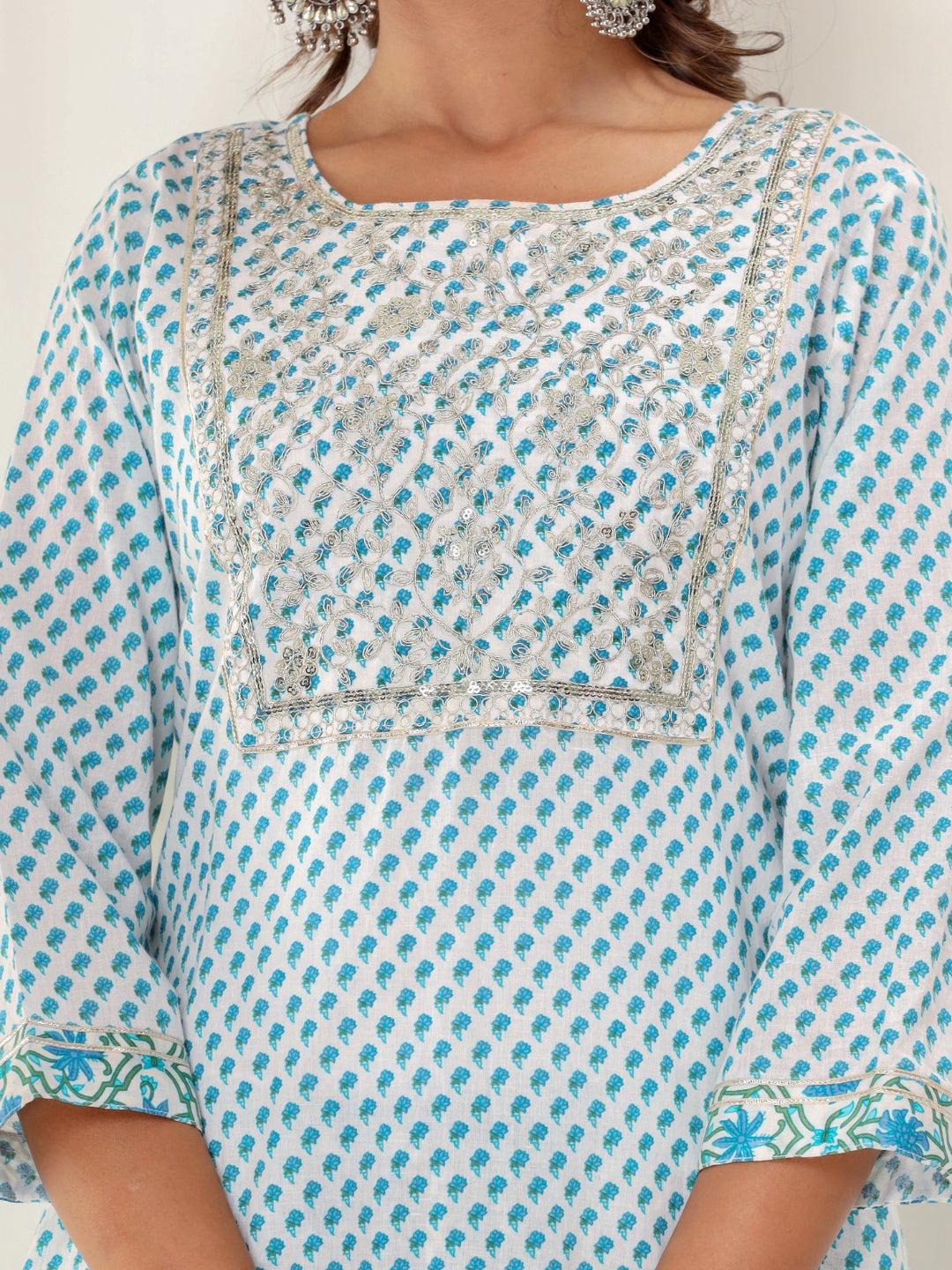 Cotton Ethnic Floral Print Embroidered Kurta Sharara Set - Blue