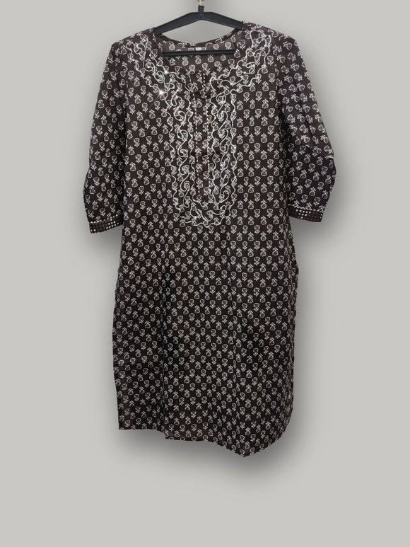 Pure Cotton Sequin Thread Embroidered Printed Straight cut Kurta - Brown
