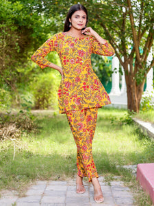 Floral Abstract Print Pure Cotton Lounge Set - Mustard