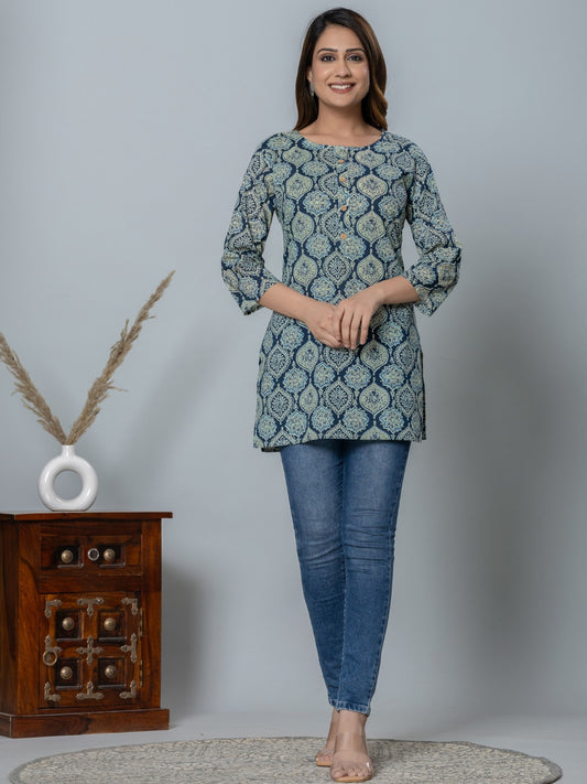 Pure Cotton Ethnic Printed Top - Blue